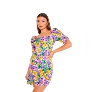 Zara Colorful Floral Mini Puff Sleeve Dress Size S